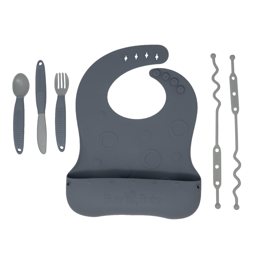 Stop Drop Bib + Utensils — Pewter